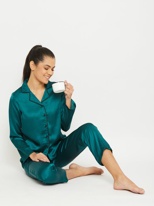 Women Green Satin Finish Solid Night Suit