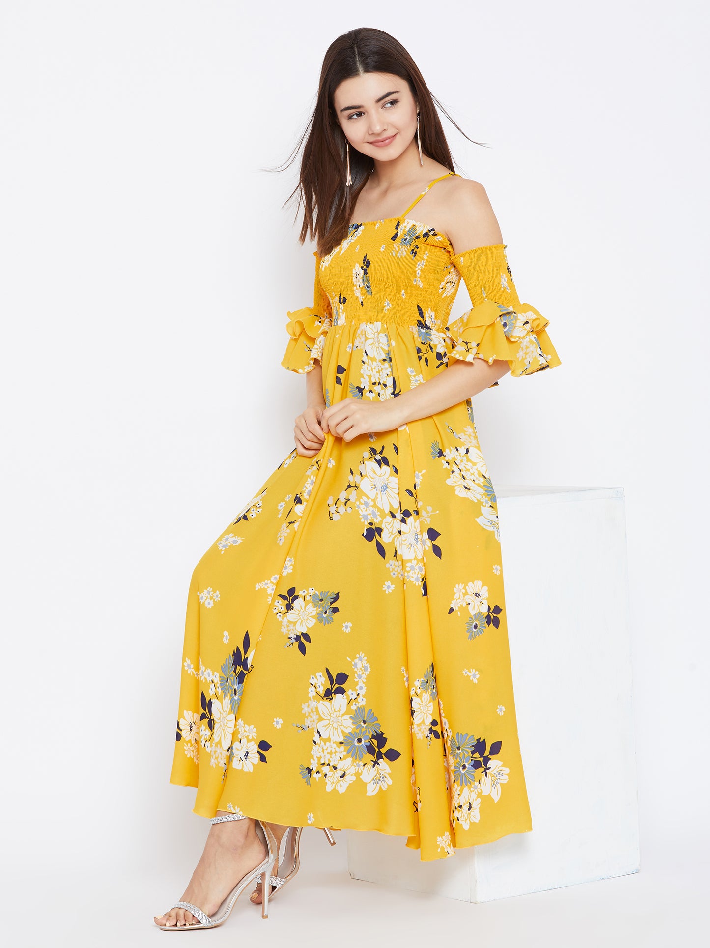 Women Yellow Floral Print Maxi Dress