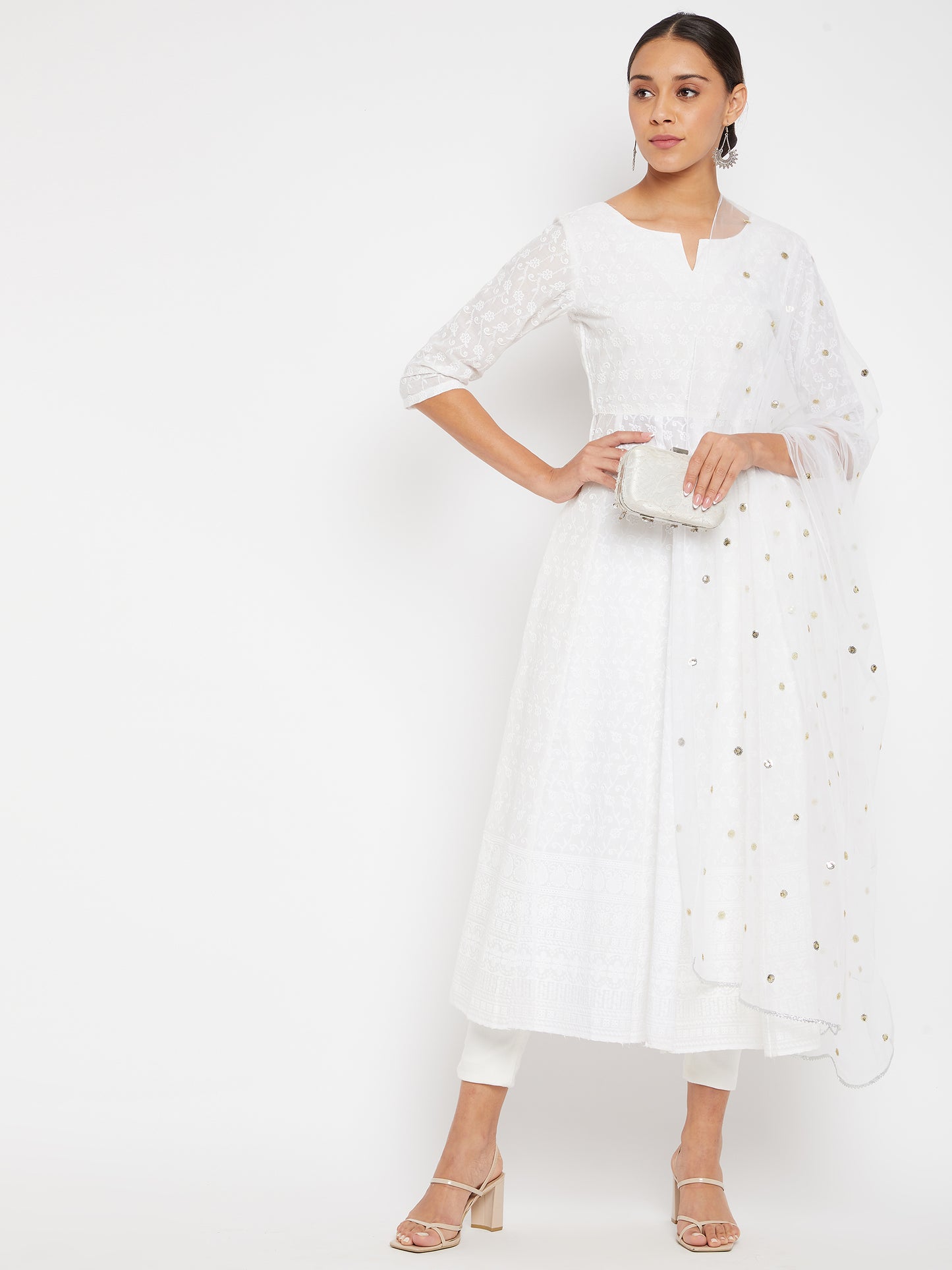 Women White A-Line Kurta with Trouser and Dupatta