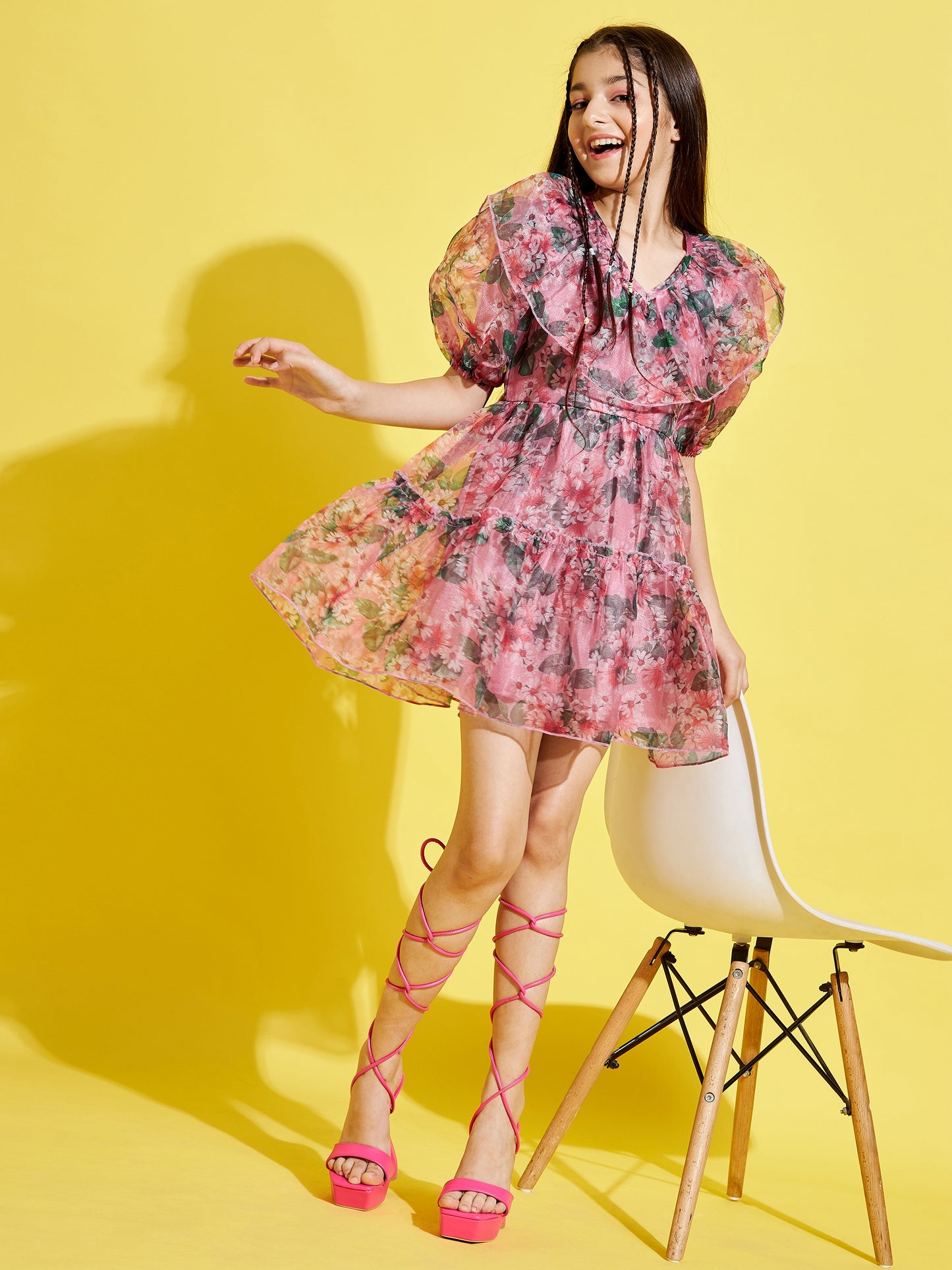 Girls Pink & Black Floral Dress