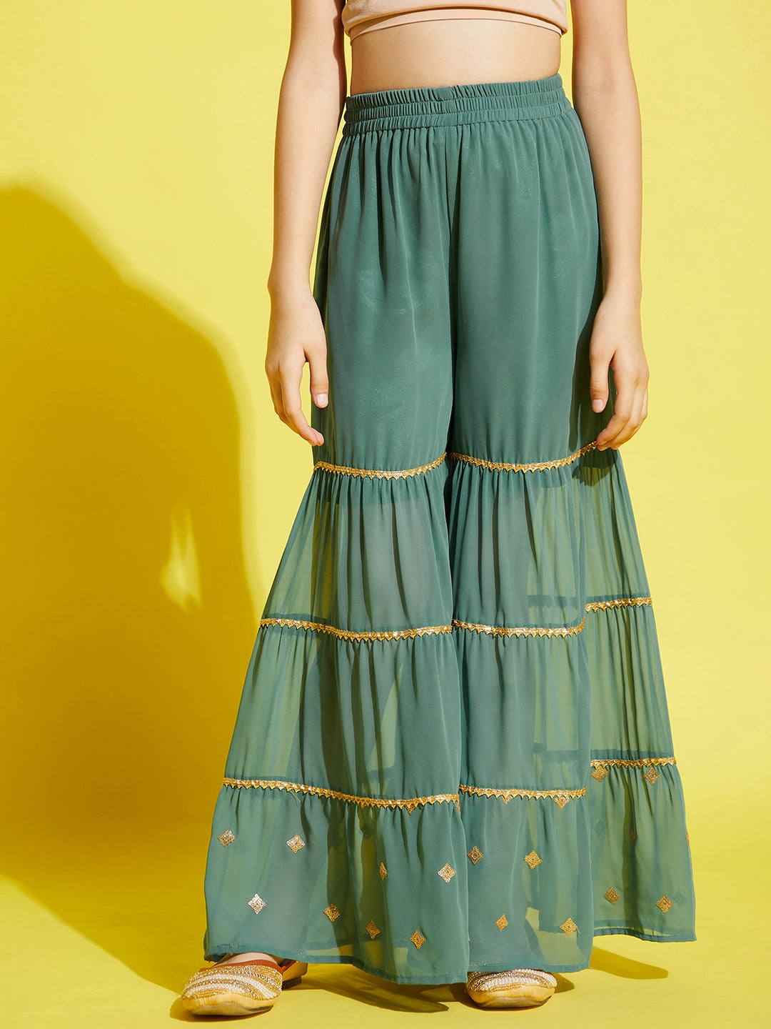 Girls Green Ethnic Motifs Embroidered Empire Kurta with Sharara & Dupatta