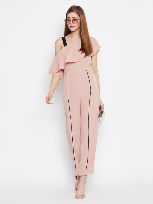 Women'S Solid Rose Gold Full Length Straight Fit Crepe Jumpsuit
