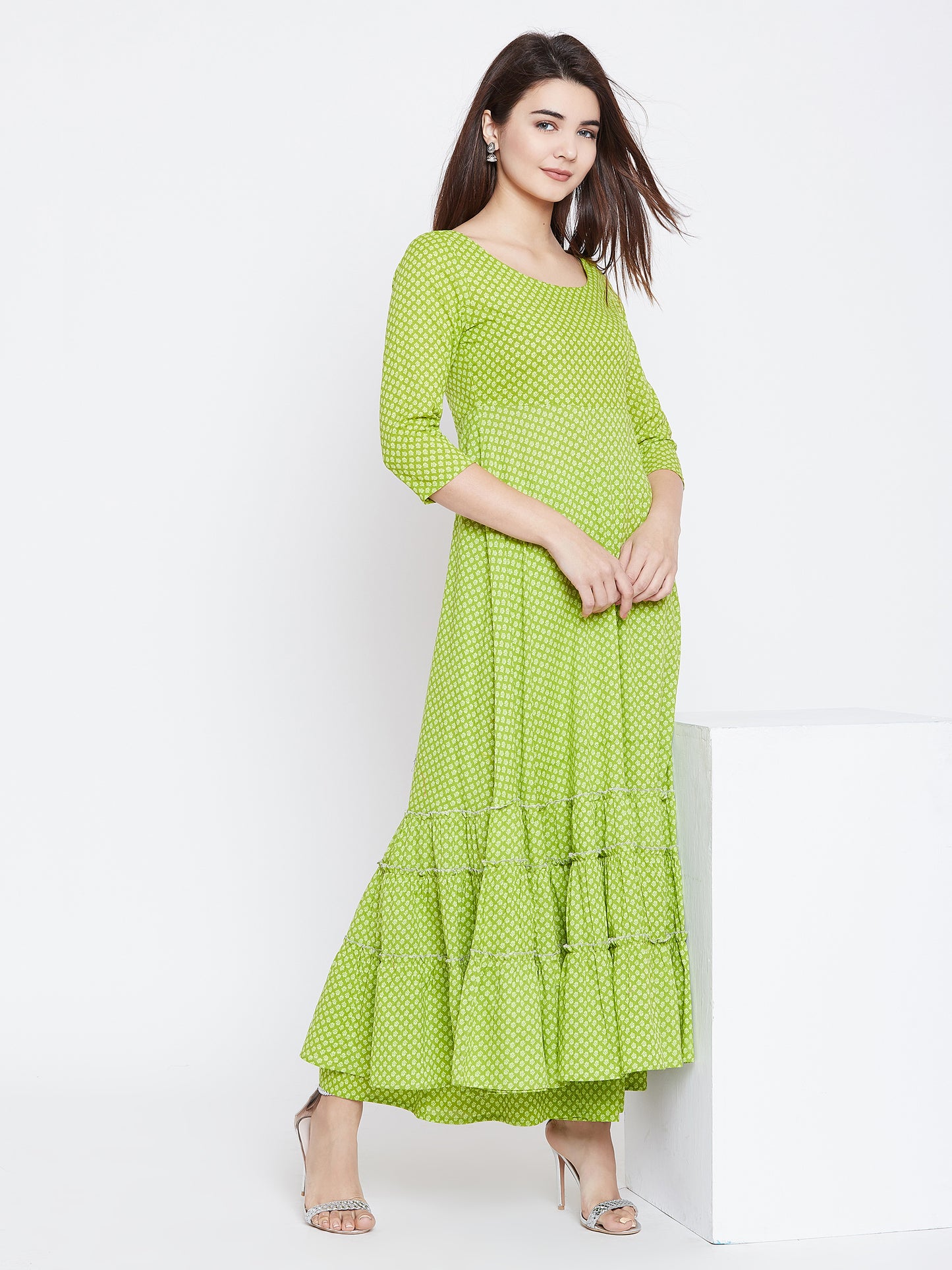 PANIT Women Green Ethnic Motifs Printed Tiered Anarkali Kurta