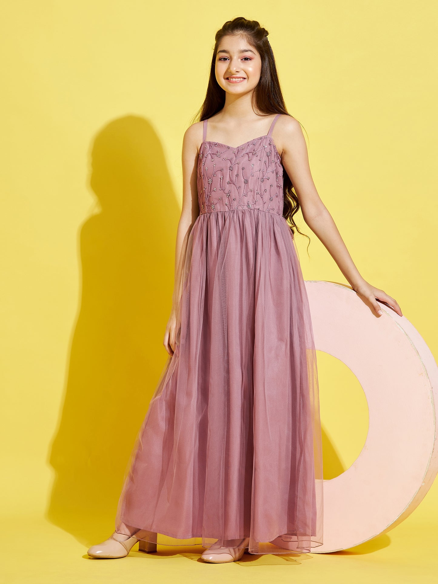 Girls Mauve Floral Net Maxi Maxi Dress