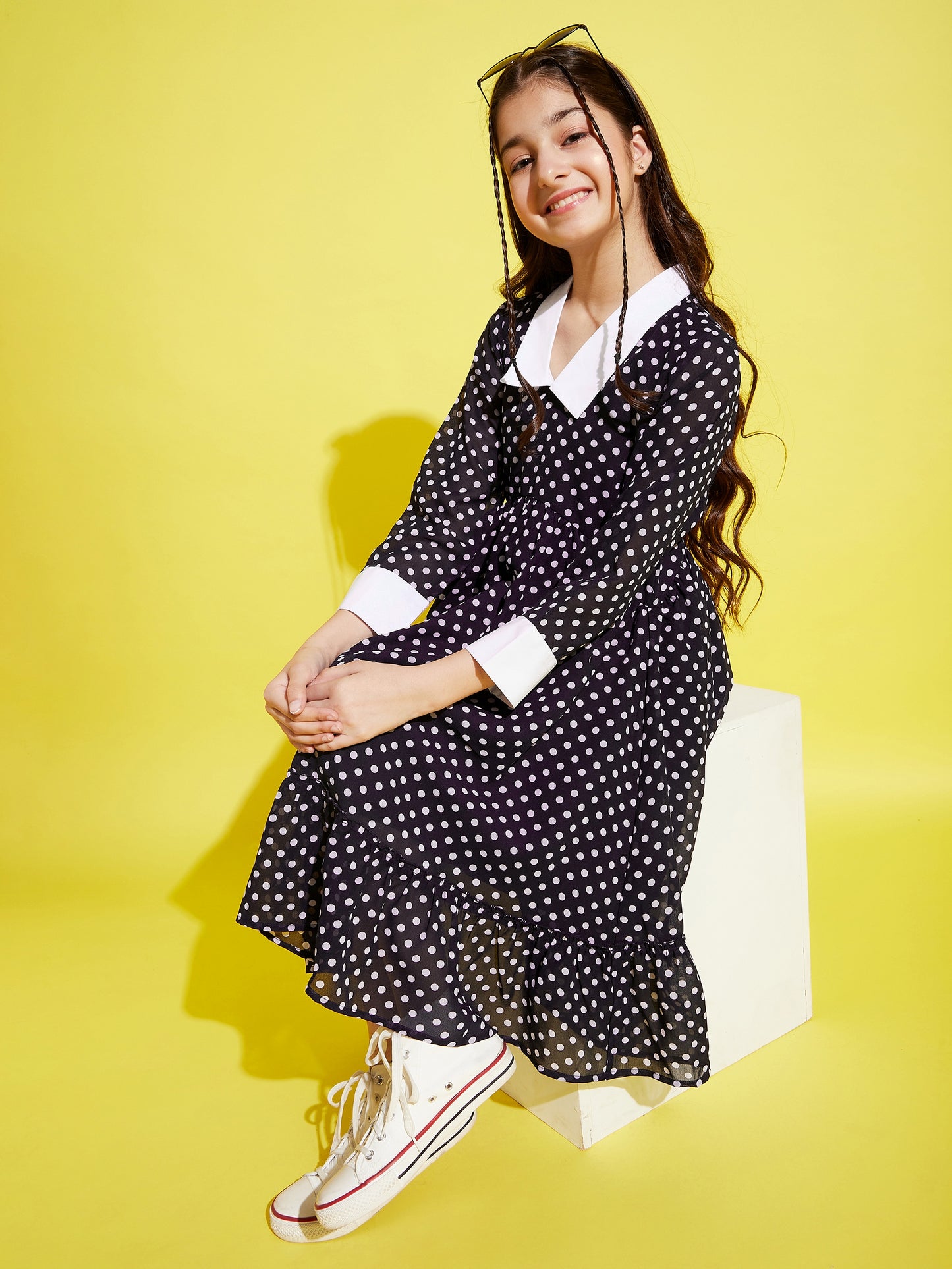 Girls Black & White A-Line Midi Dress