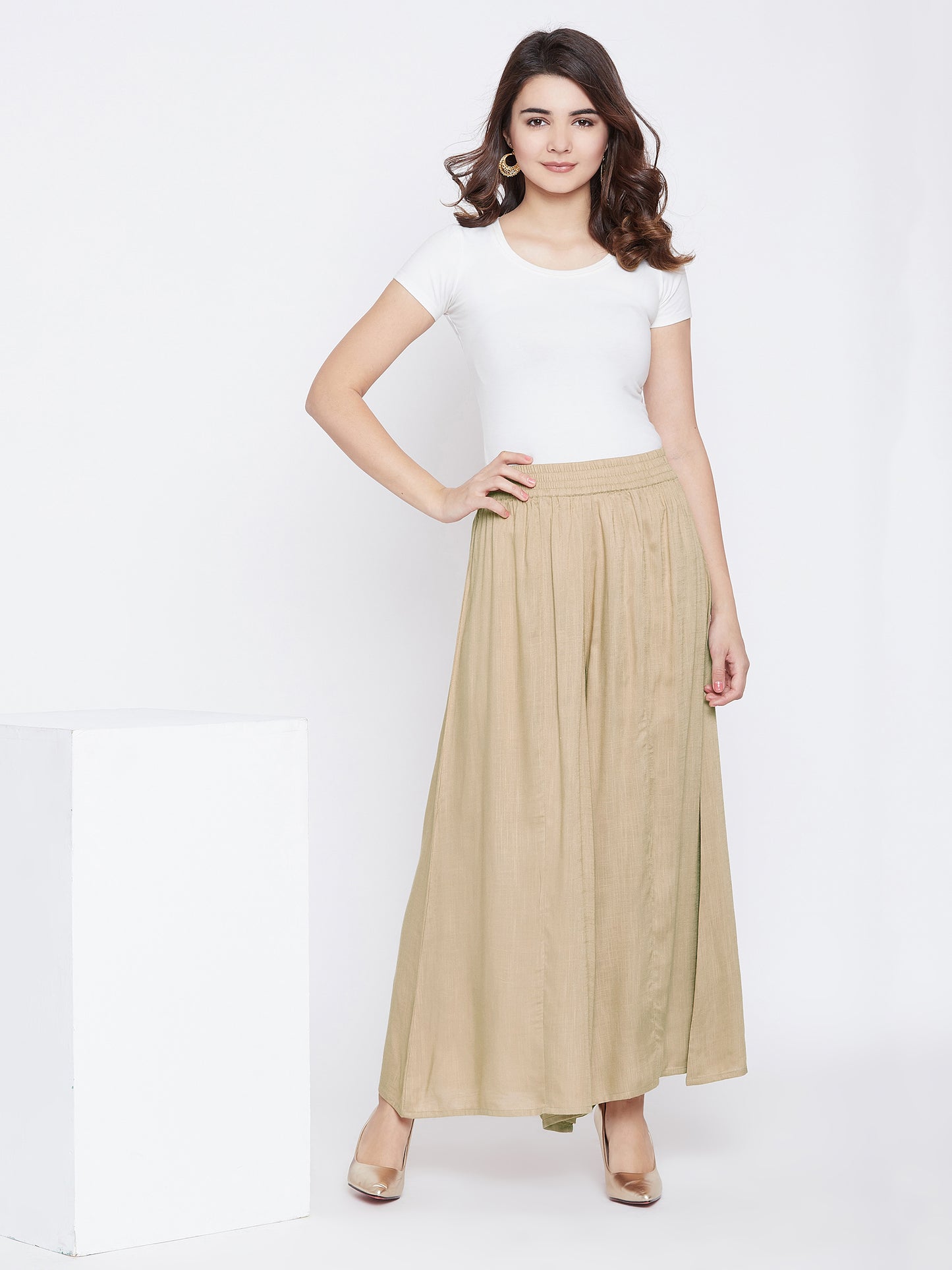 Women Beige Relaxed Flared Solid Parallel Palazzo