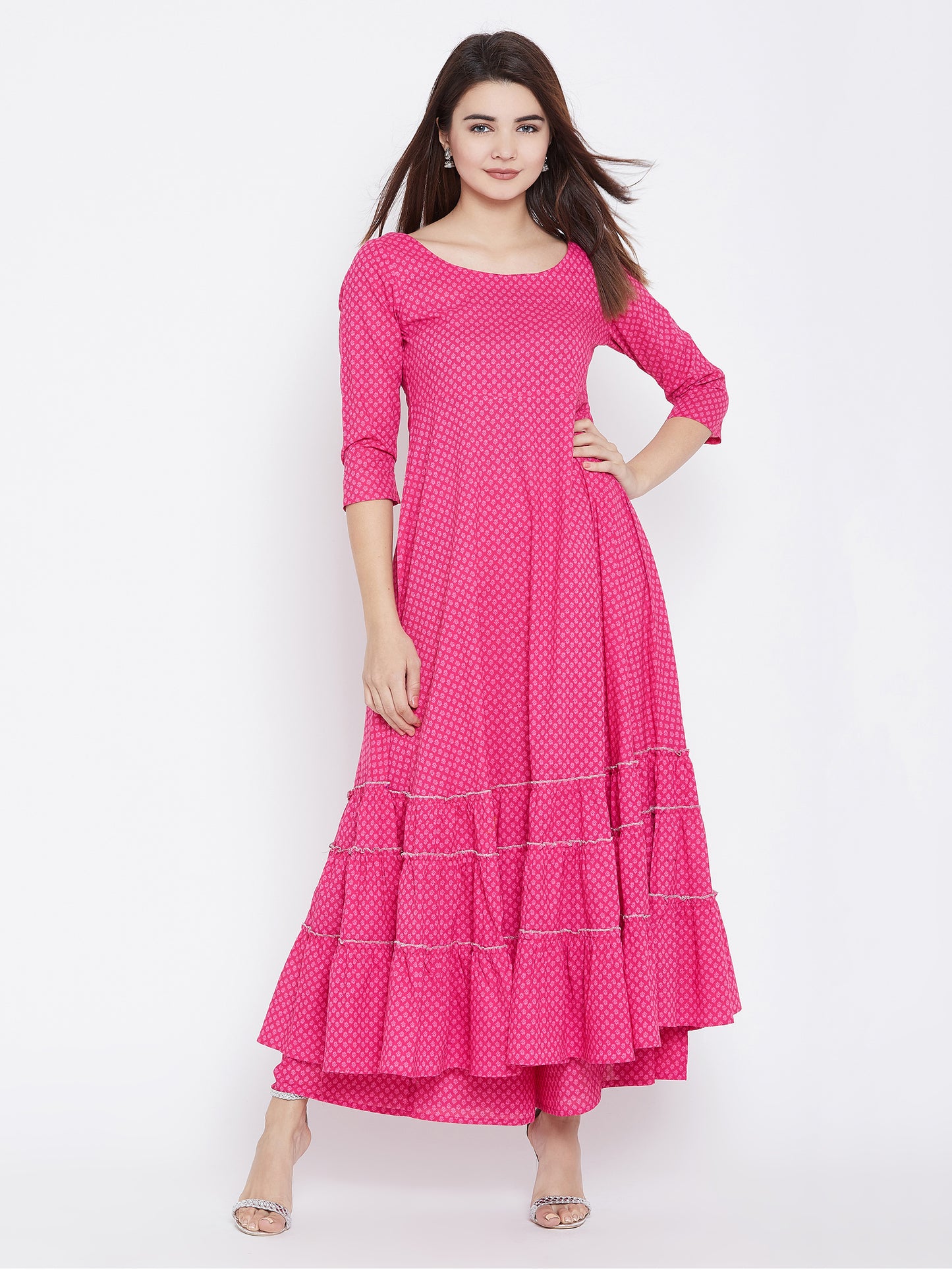 PANIT Women Pink Ethnic Motifs Printed Tiered Anarkali Kurta