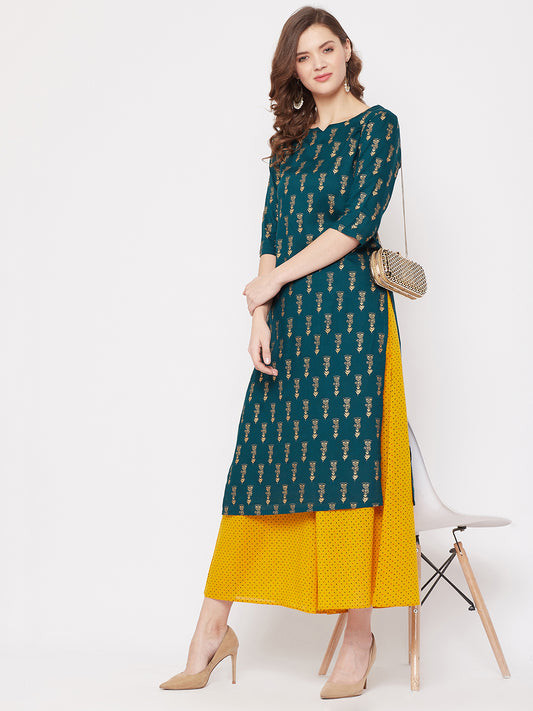 Printed dark green kurta with yellow palazzo pant