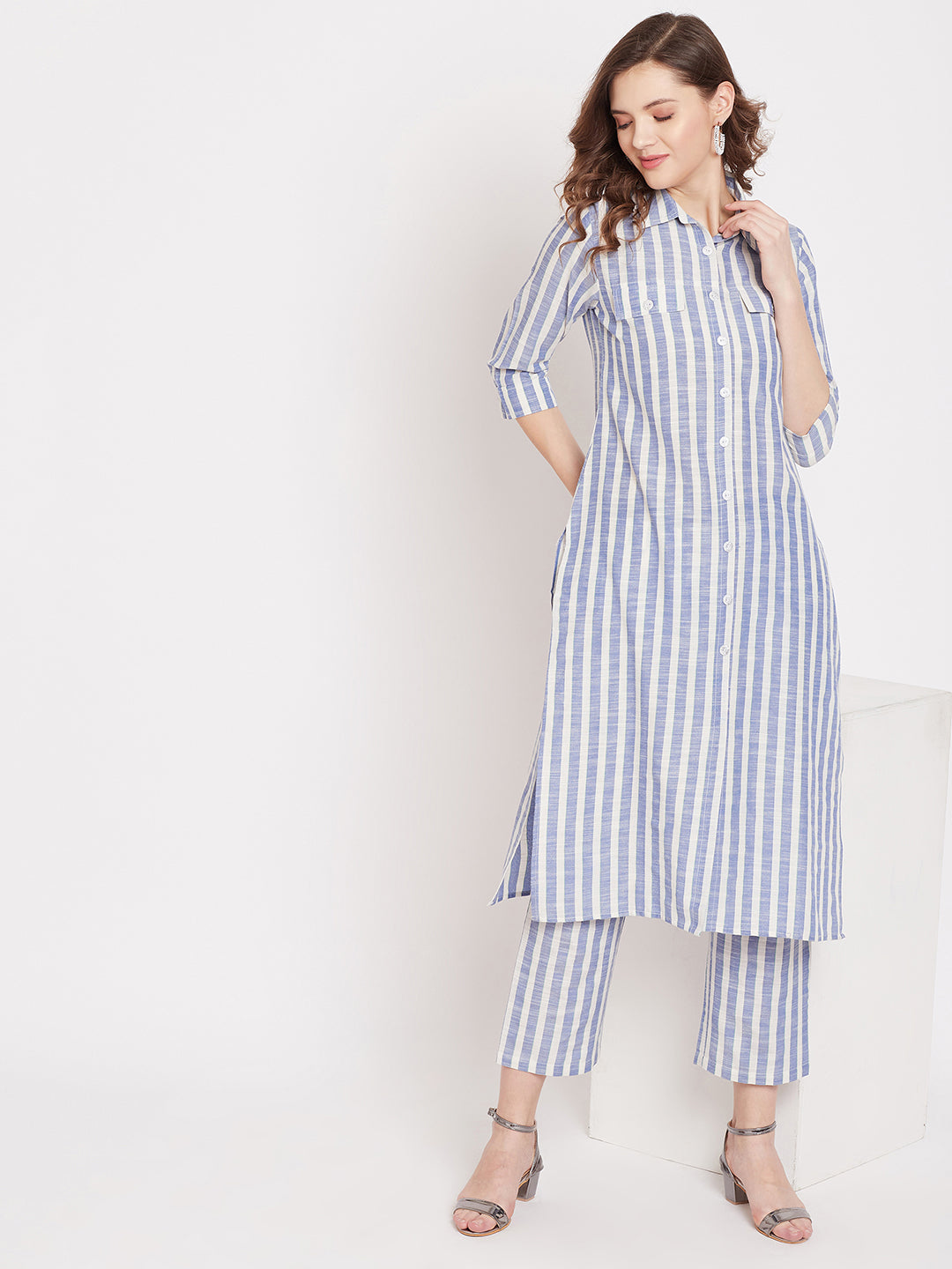 Formal white and blue stripe kurta set