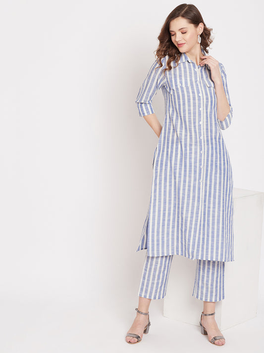Formal white and blue stripe kurta set