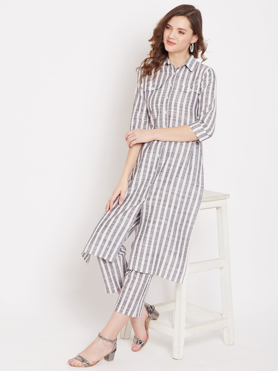 Formal white and grey stripe kurta set