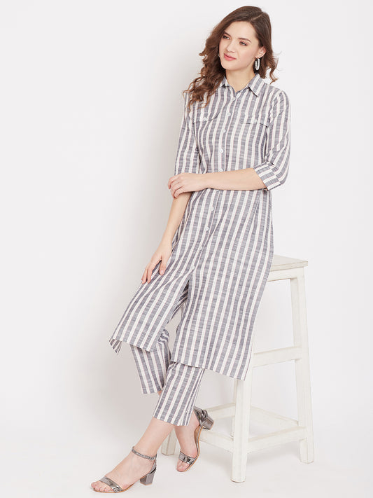 Formal white and grey stripe kurta set
