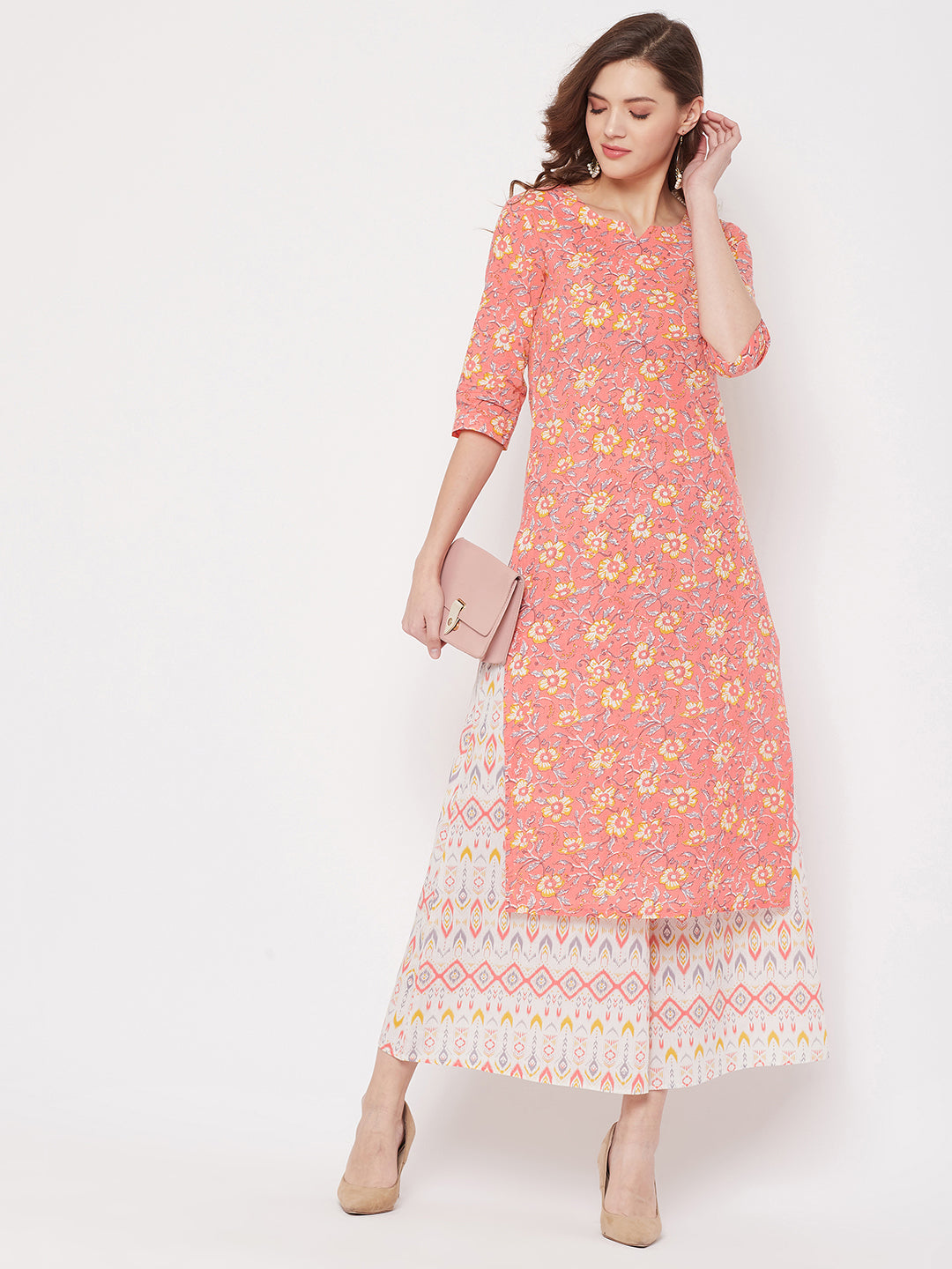 Printed peach kurta with white printed palazzo