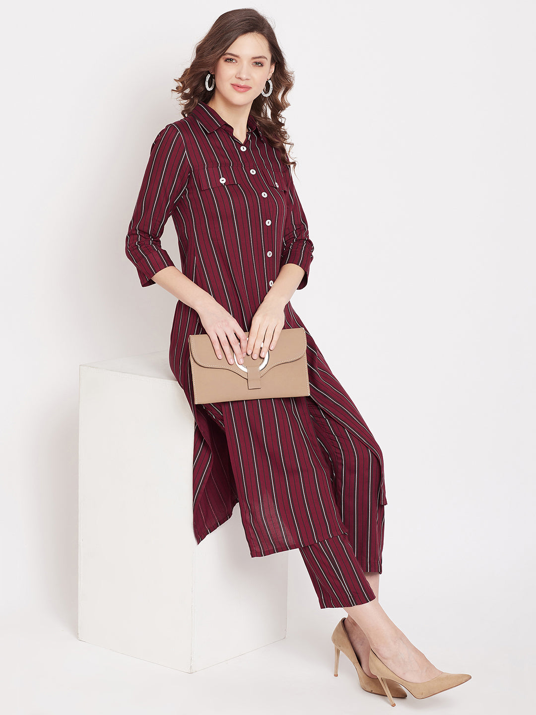 Formal Maroon Stripe kurta set