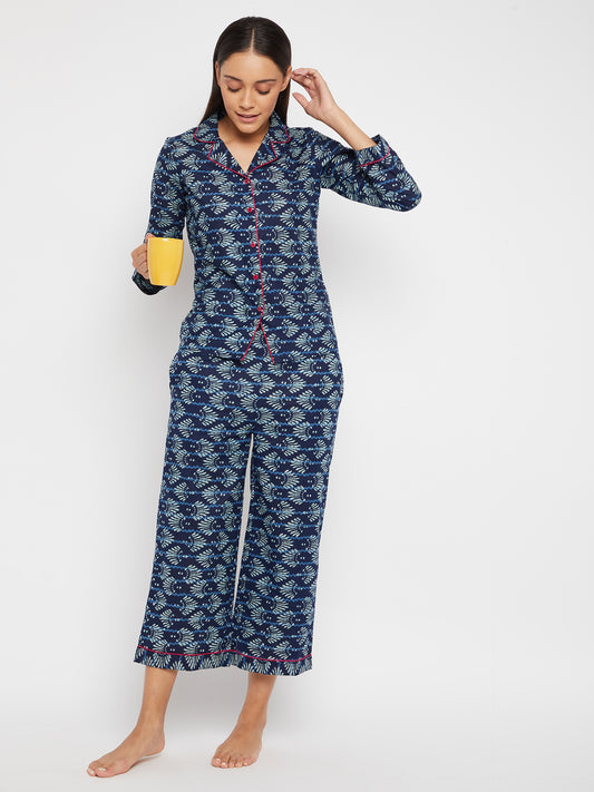 Women Navy Blue & White Printed Night suit