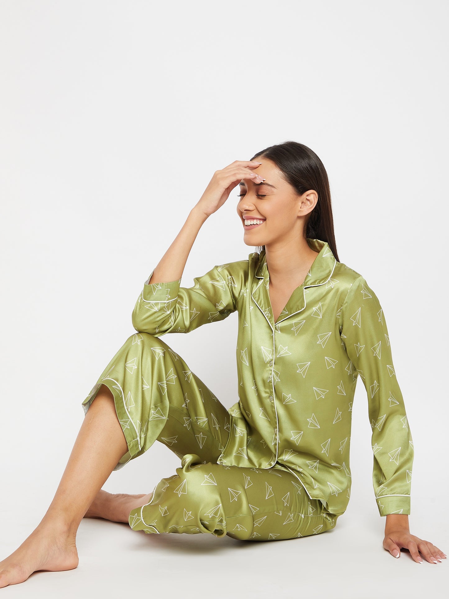 Women Lime Green & White Printed Night suit