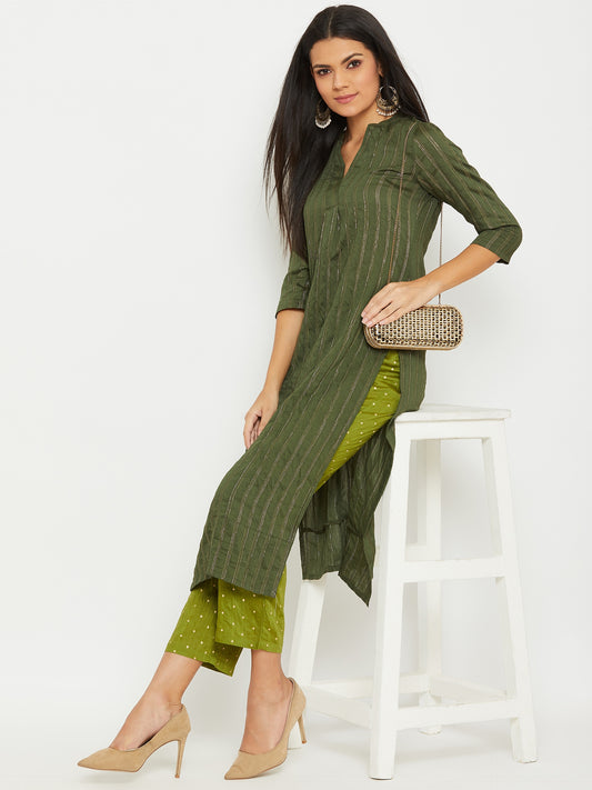 Lurex Dark Mehndi Colour Kurta With Green Trouser