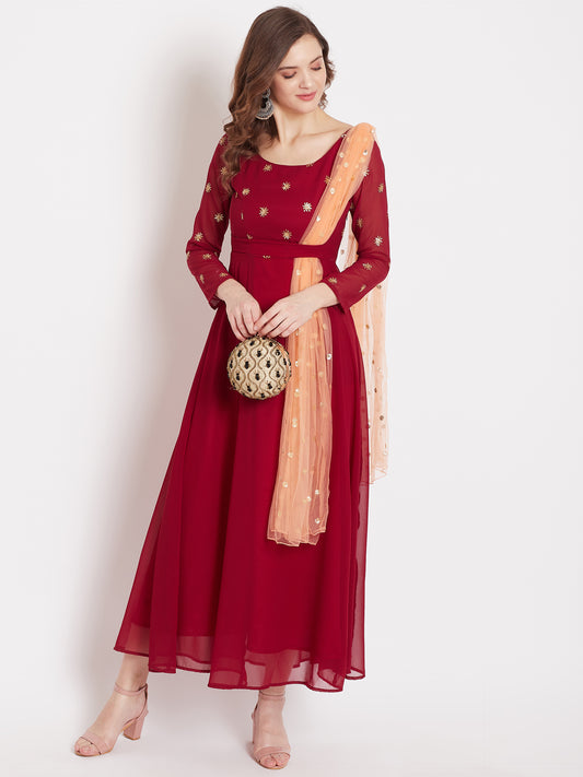 Women Maroon Embellished Maxi Dress With Dupatta