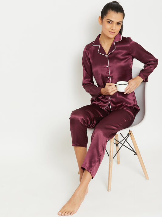 Women Wine Satin Finish Solid Night Suit