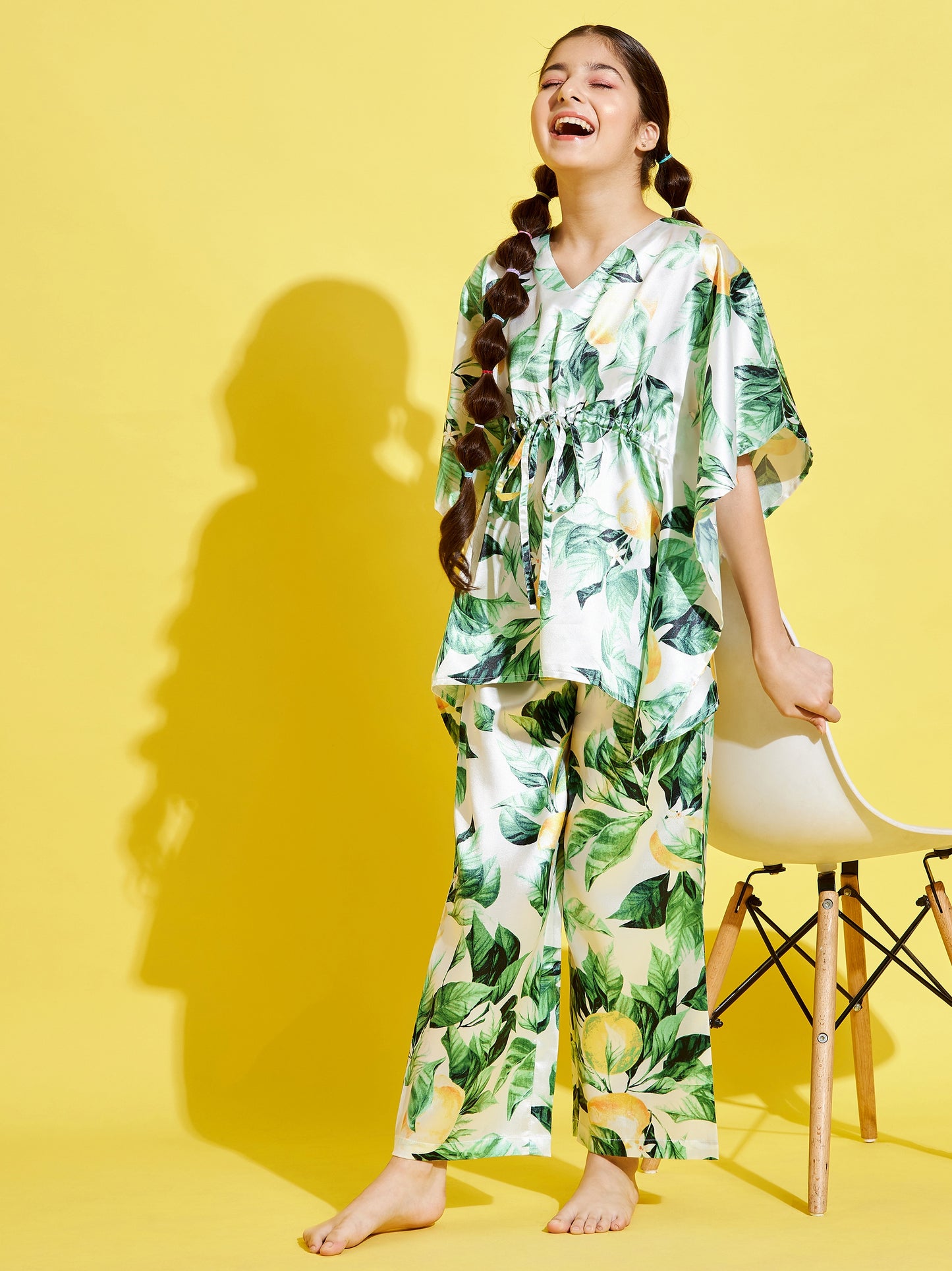 Cherry Jerry Girls Cream-Coloured Green Printed Kaftan Night suit