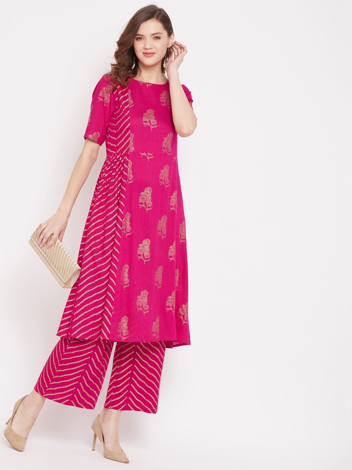 Fuchsia foil printed kurta set