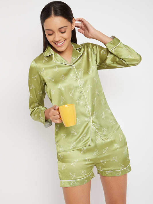 Women Lime Green & White Printed Night suit