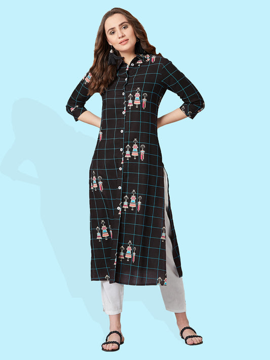 Women Black & Blue Tribal Print Straight Kurta