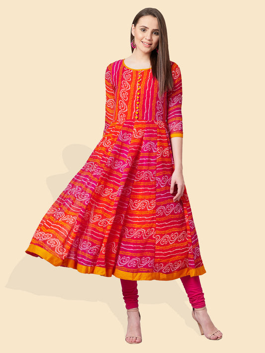 Women Red & Orange Printed Anarkali Kurta