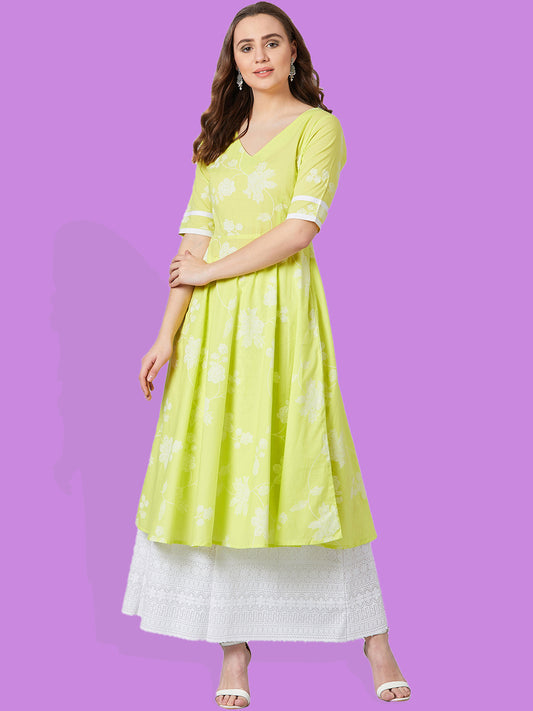Women Lime Green & White Printed Anarkali Kurta