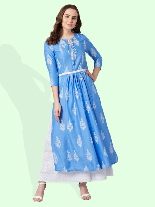 Women Blue & White Floral Print Anarkali Kurta