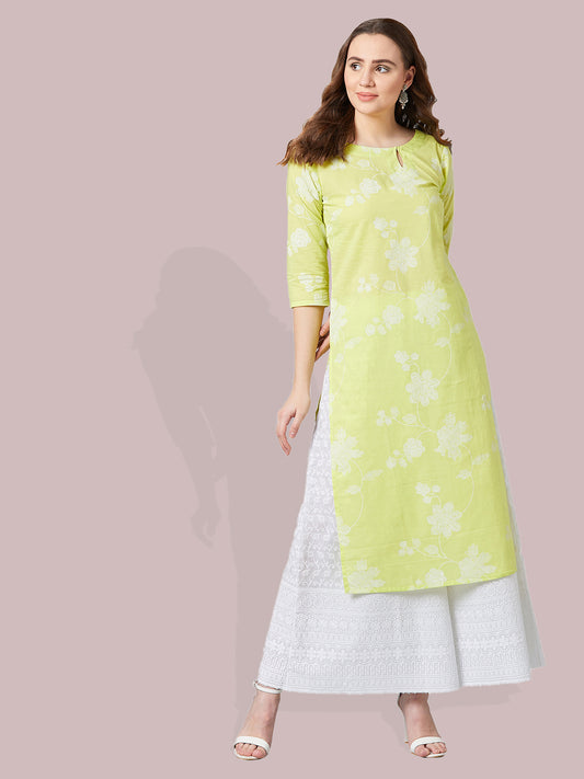 Women Lime Green Printed Straight Kurta