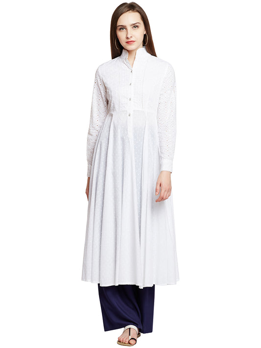 White Color Anarkali Kurta With Mandarin Collar