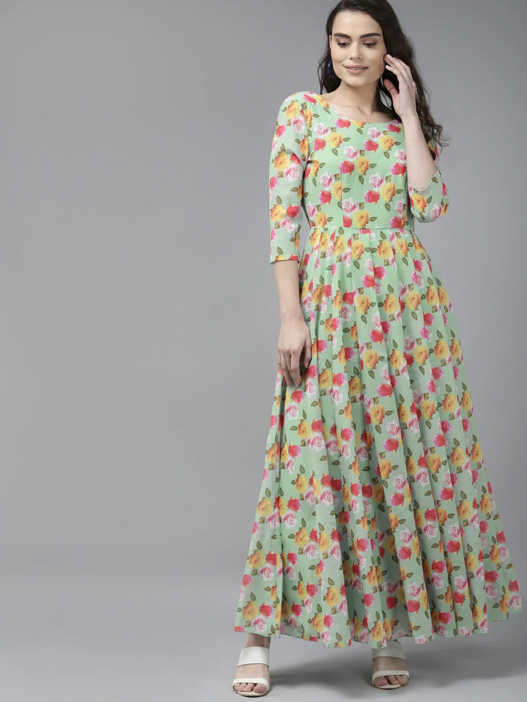 Green & Yellow Floral Georgette Maxi Dress