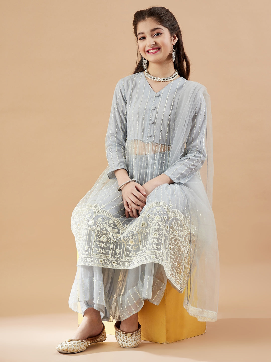 Girls Striped Embroidered Mesh Empire Sequinned Kurta & Sharara & Dupatta