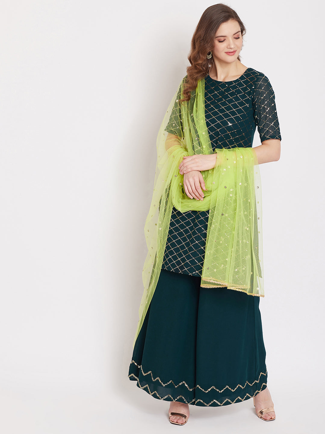 Dark green jaal embroidered kurta and sharara with lime green dupatta
