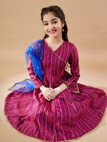 Girls Striped Angrakha Sequinned Kurta with Palazzos & With Dupatta