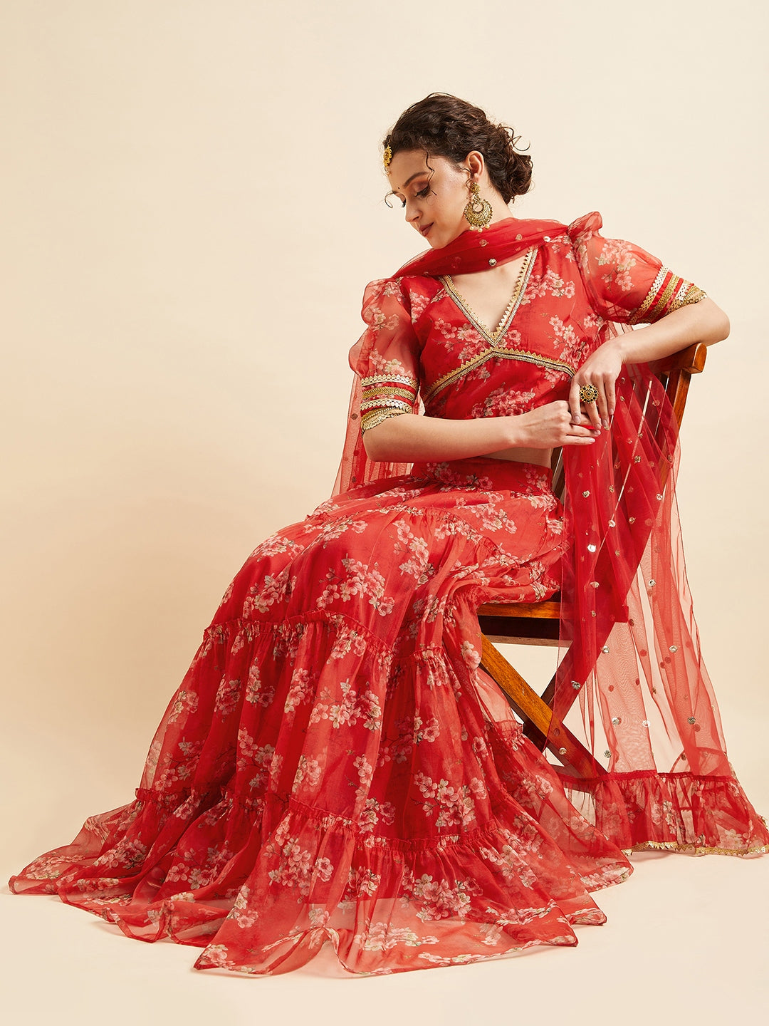 Red Floral Printed Ready to Wear Lehenga & Blouse With Dupatta
