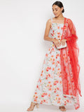 Women Off-White Floral Printed Regular Top with Skirt & With Dupatta