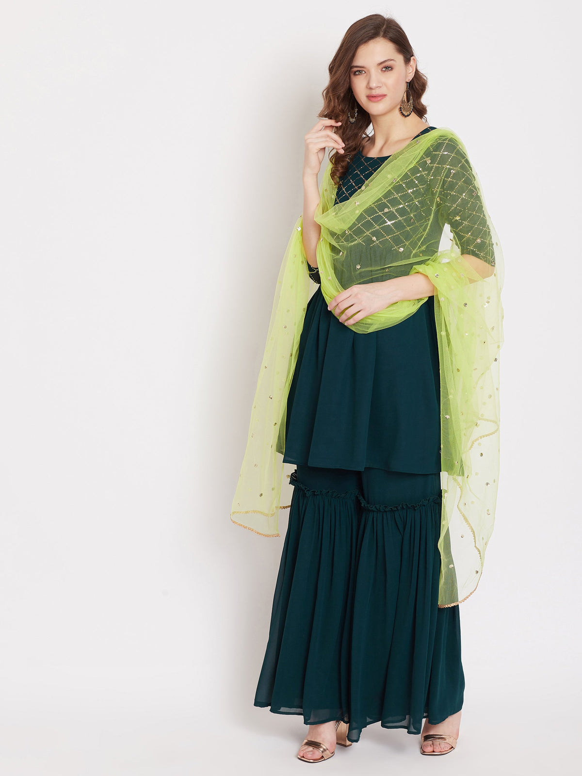 Dark green yoke and sleeve jaal embroidered sharara set with lime green dupatta