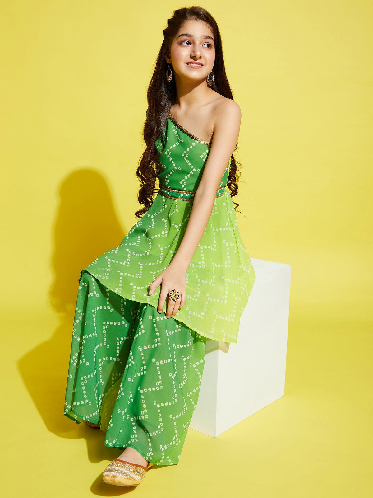 Girls Green Yellow Bandhani Printed A-Line Kurta with With Sharara