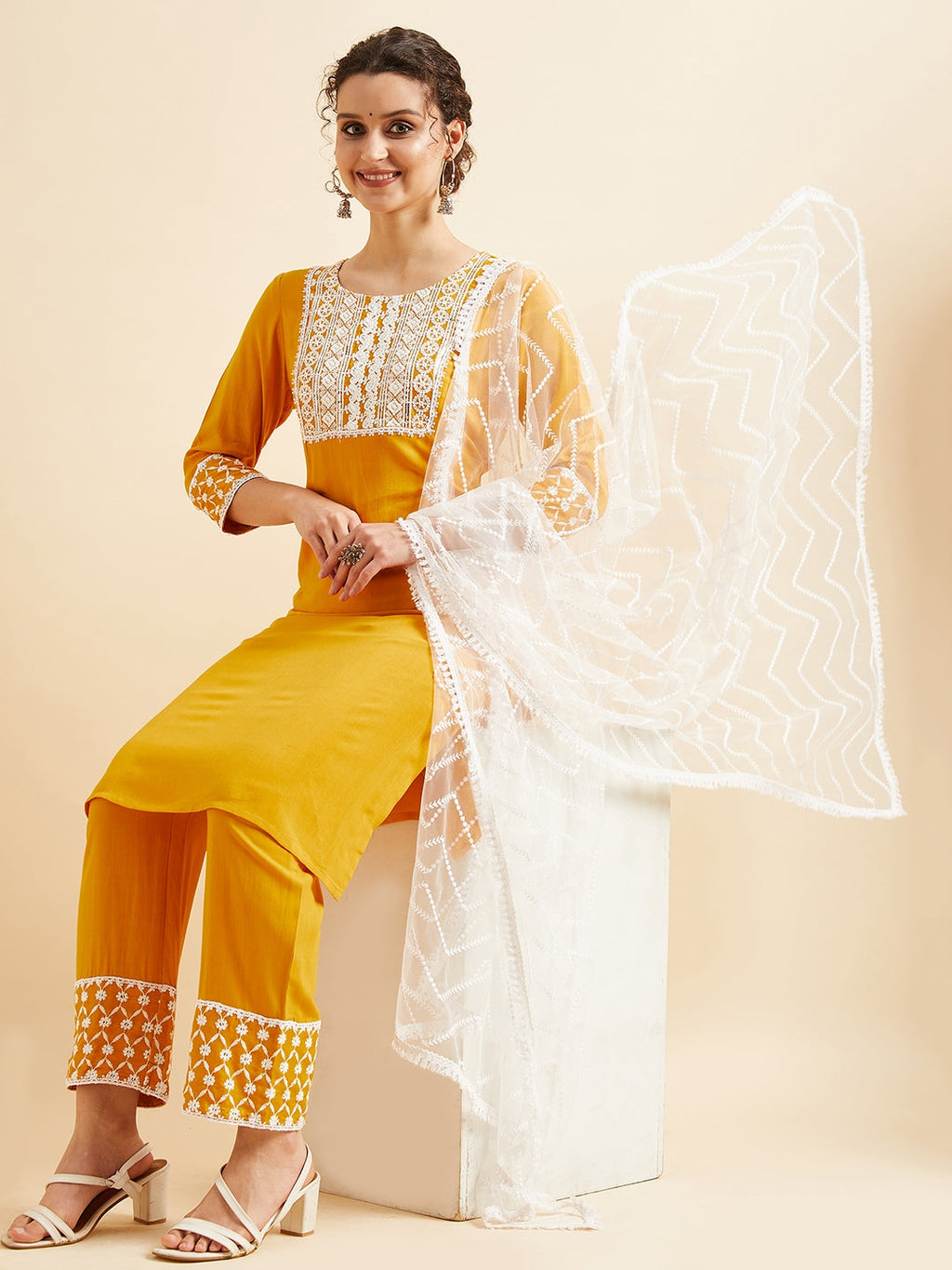 Yellow Ethnic Motifs Chinkari Work Regular Kurta with Trousers & Dupatta