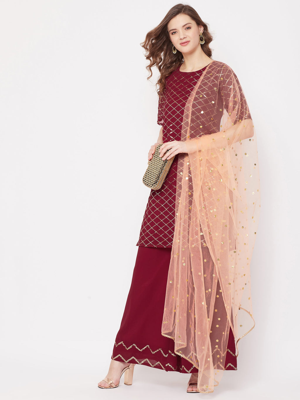 Maroon jaal embroidered kurta and sharara with peach dupatta