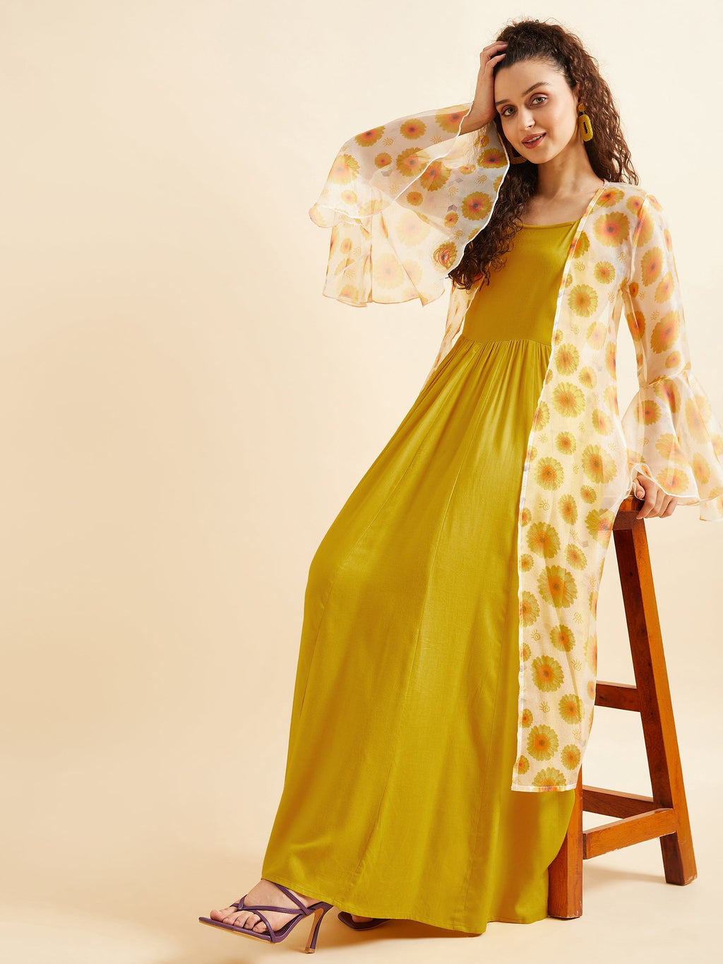 Shoulder Straps Fit & Flare Maxi Ethnic Dress With Printed Shrug