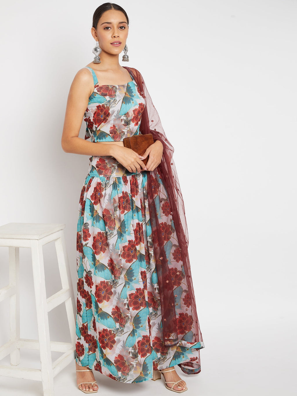 Women Blue Floral Printed Regular Top with Skirt & With Dupatta