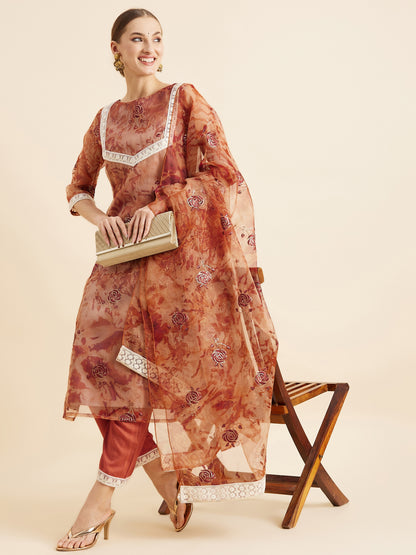 Floral Embroidered Kurta With Trousers & Dupatta
