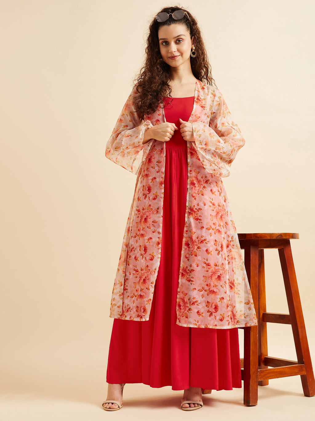 Shoulder Straps Fit & Flare Maxi Ethnic Dress With Printed Shrug