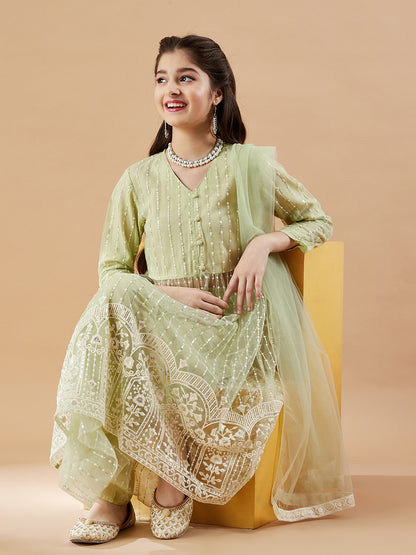 Girls Embroidered Net Empire Kurta with Sharara & With Dupatta