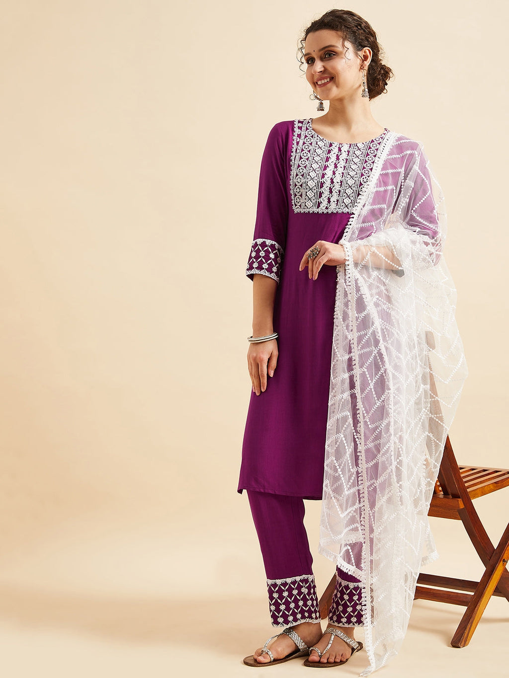 Purple Ethnic Motifs Embroidered Thread Work Regular Kurta with Trousers & Dupatta
