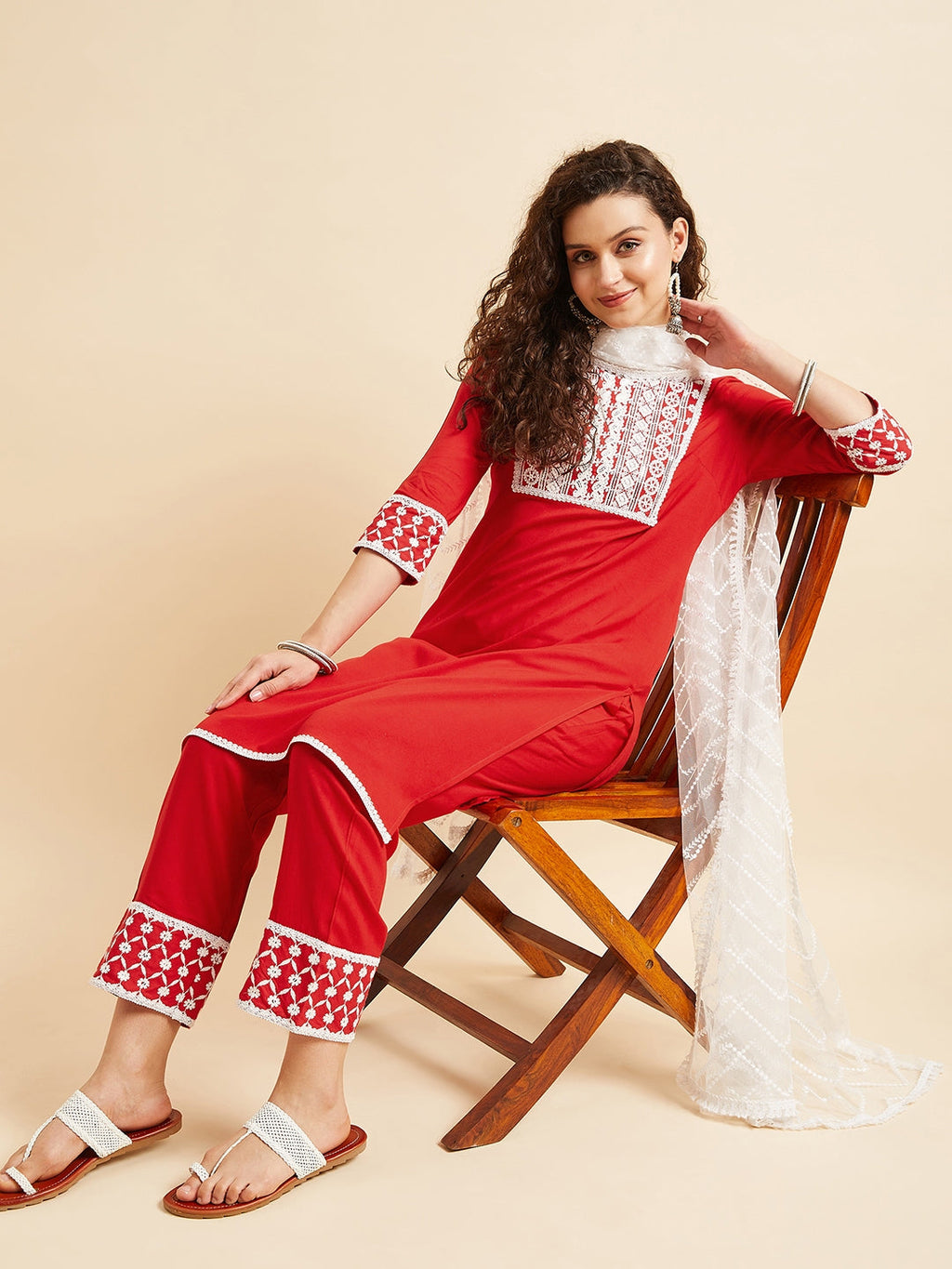 Red & White Ethnic Motifs Yoke Design Thread Work Kurta With Trousers & Dupatta