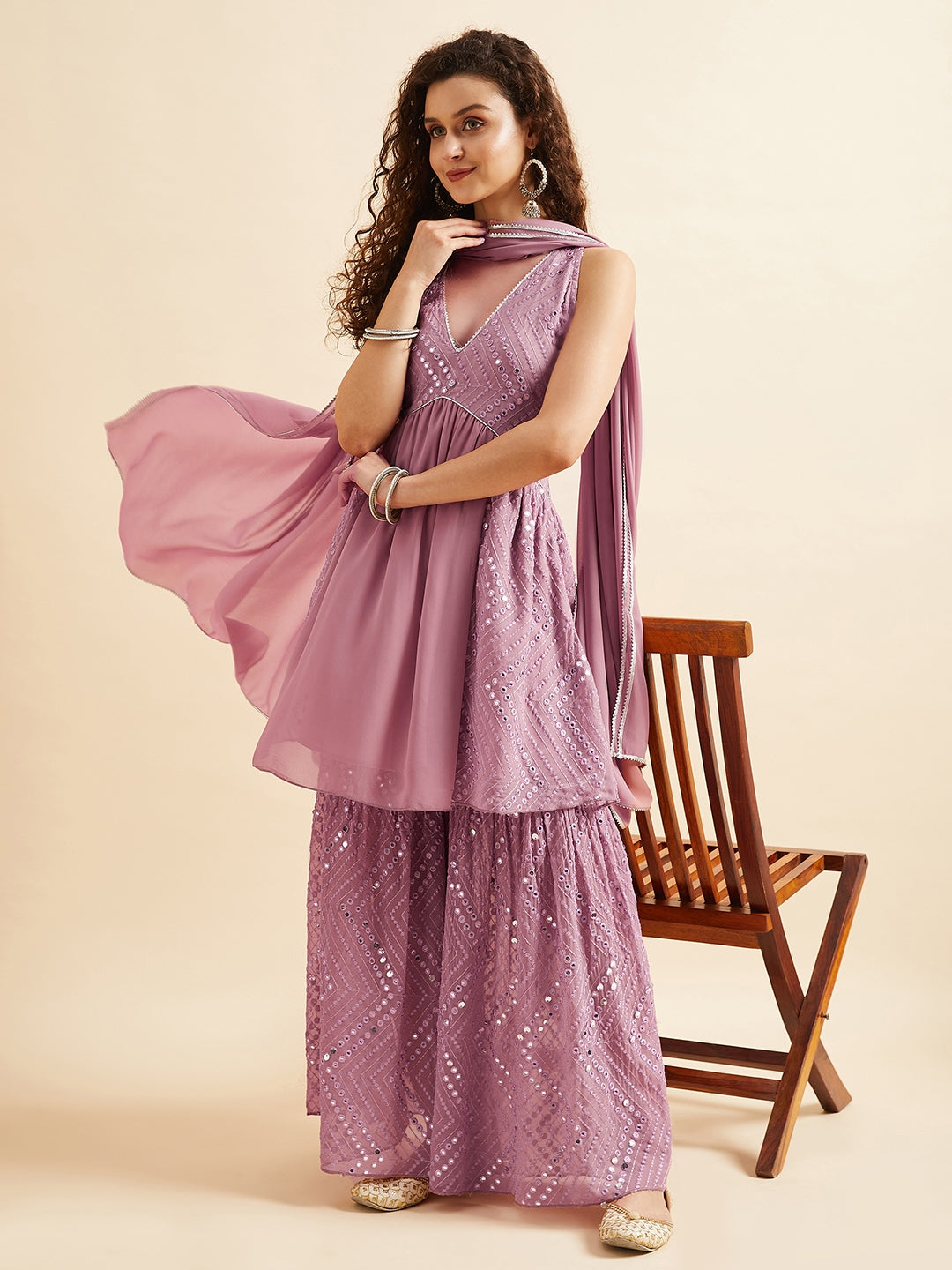 Pink Embellished Mirror Work Kurta With Sharara & Dupatta